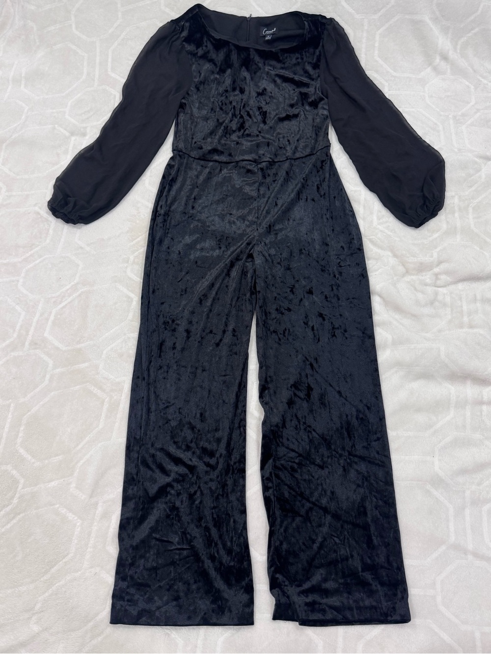 Connected Apparel Black Crushed Velvet Wide Leg Jumpsuit Sheer Sleeve NWOT 12